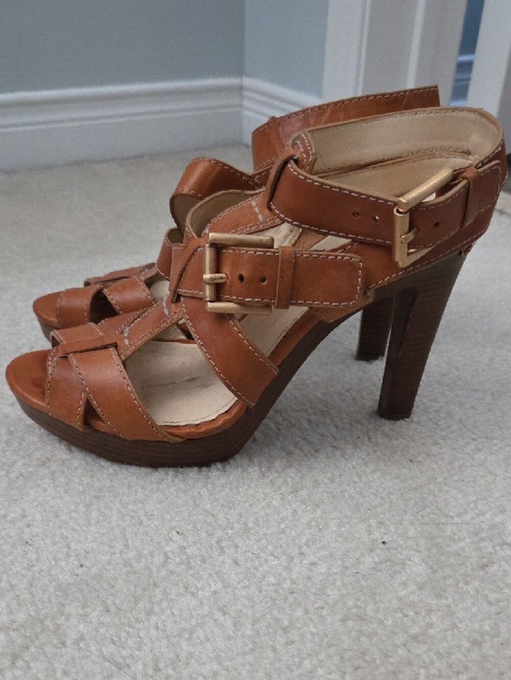 Coach Stephanie Brown Leather Double Buckle Strappy High Heel Sandals